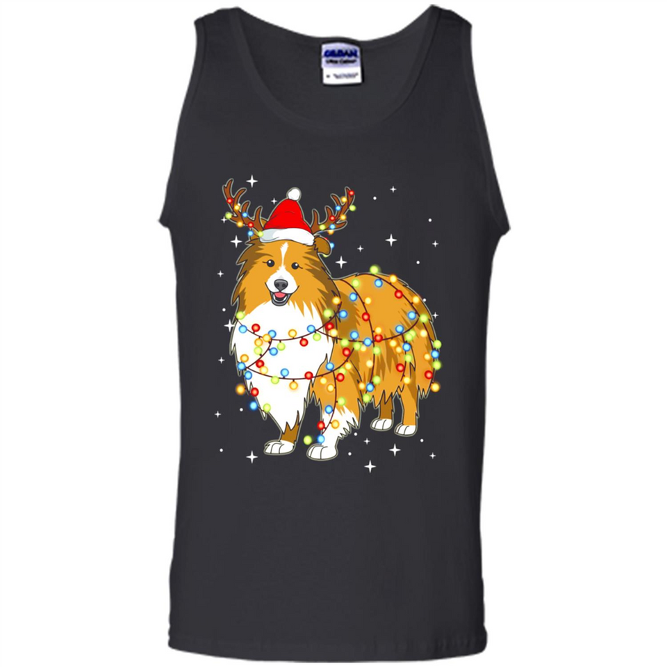 Christmas Lights Shetland Sheepdog Wearing Santa Hat Funny Xmas - Tank Top