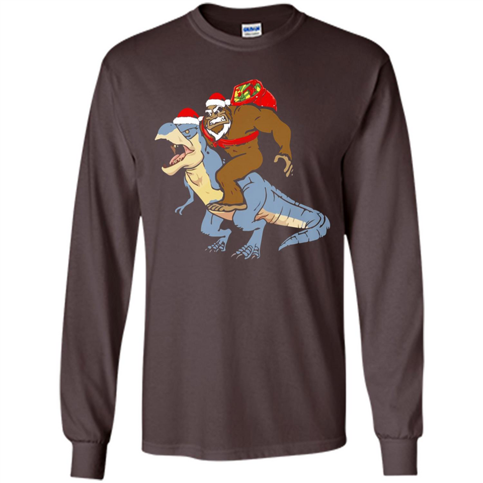 Bigfoot Riding Dinosaurus T-Shirt Funny Bigfoot Santa - Long Sleeve T-Shirt