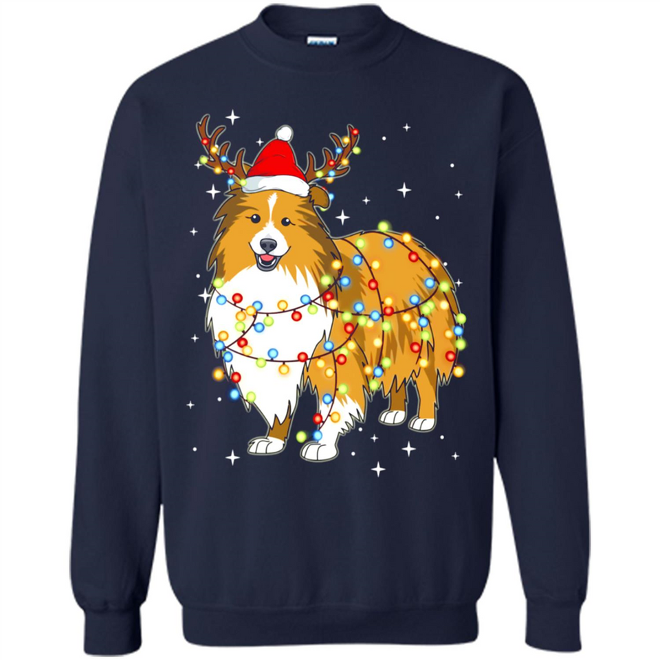 Christmas Lights Shetland Sheepdog Wearing Santa Hat Funny Xmas - Sweatshirt