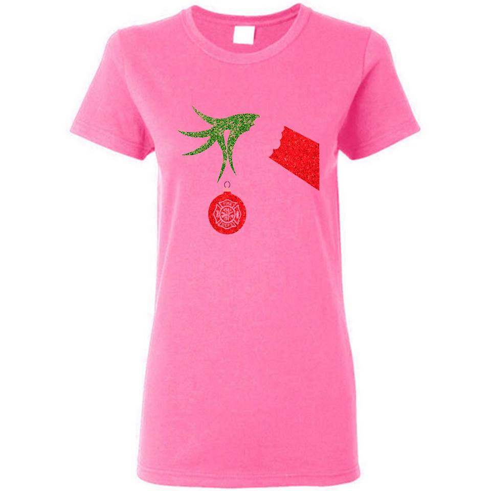 Funny Grinch Hand holding Firefighter ornament Christmas Sporty T-Shirt - Ladies Short-Sleeve