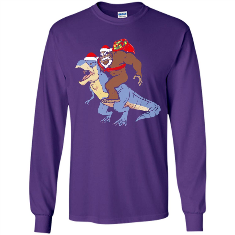 Bigfoot Riding Dinosaurus T-Shirt Funny Bigfoot Santa - Long Sleeve T-Shirt