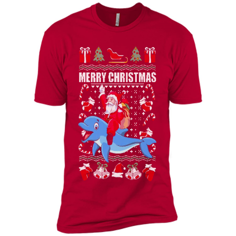 Ugly Christmas Santa Riding Dolphin - Premium Short Sleeve T-Shirt