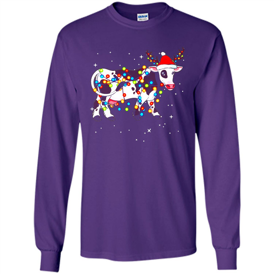 Christmas Lights Cow Wearing Santa Hat Funny Xmas Sweatshirt - Long Sleeve T-Shirt