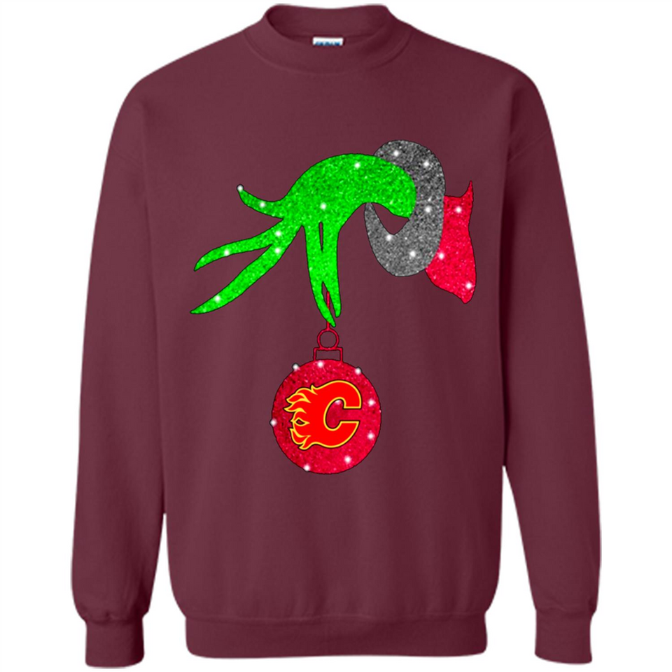 GRINCH HAND HOLDING CALGARY FLAMES GLITTER CHRISTMAS PINGPONG
