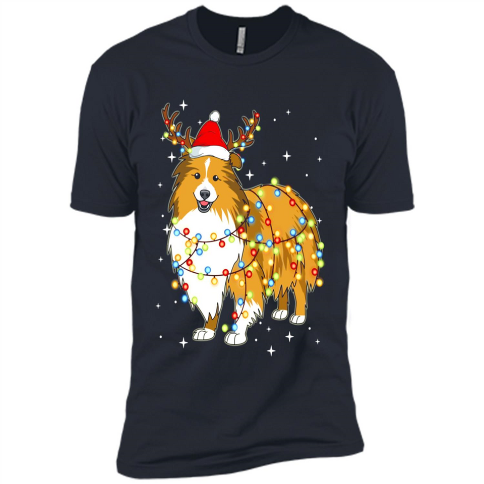 Christmas Lights Shetland Sheepdog Wearing Santa Hat Funny Xmas - Premium Short Sleeve T-Shirt