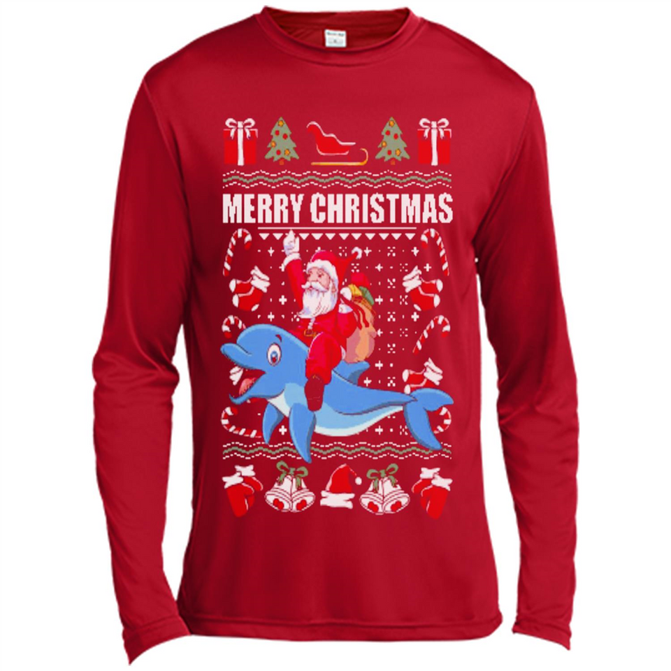Ugly Christmas Santa Riding Dolphin - Canvas Long Sleeve T-Shirt