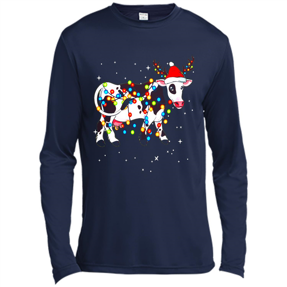 Christmas Lights Cow Wearing Santa Hat Funny Xmas Sweatshirt - Canvas Long Sleeve T-Shirt