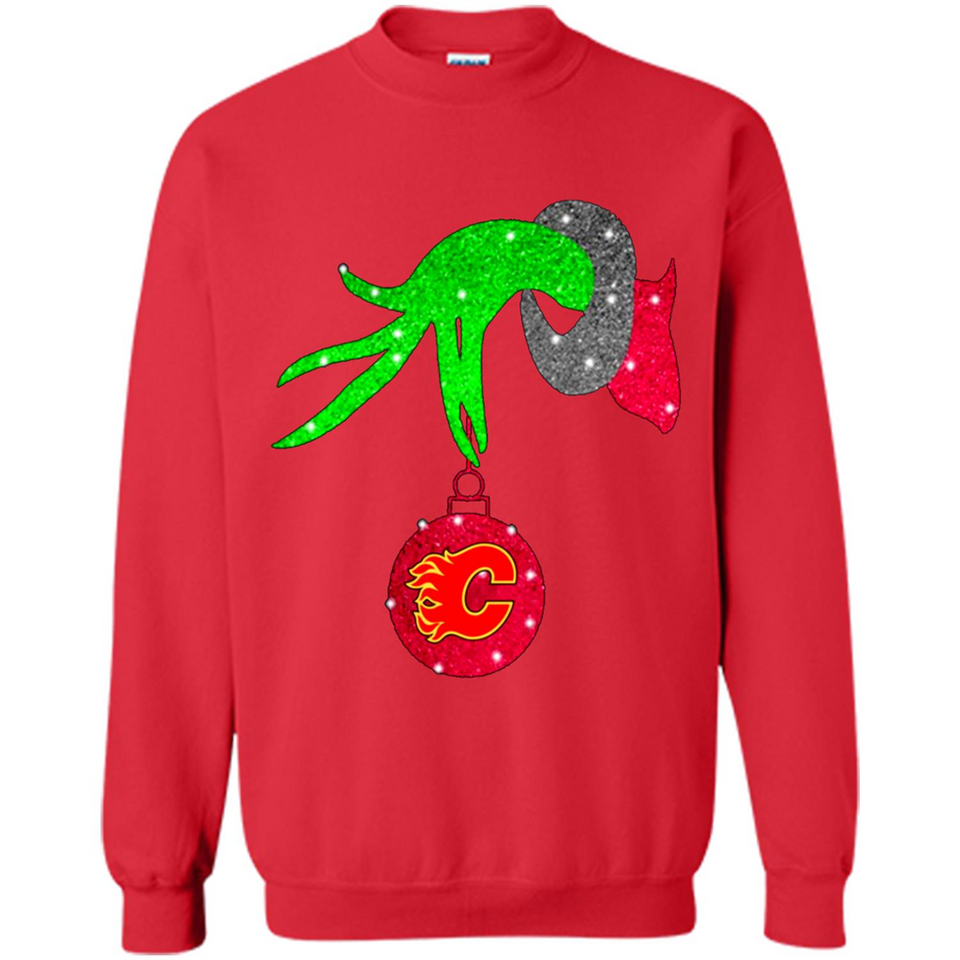 GRINCH HAND HOLDING CALGARY FLAMES GLITTER CHRISTMAS PINGPONG