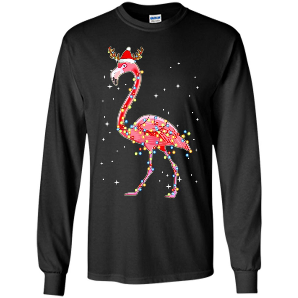 Christmas Lights Flamingo Wearing Santa Hat Funny Xmas - Long Sleeve T-Shirt