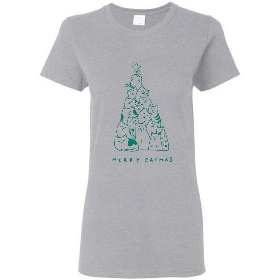 Merry Catmas Funny Cat Christmas Tree Sweatshirt - Ladies Short-Sleeve