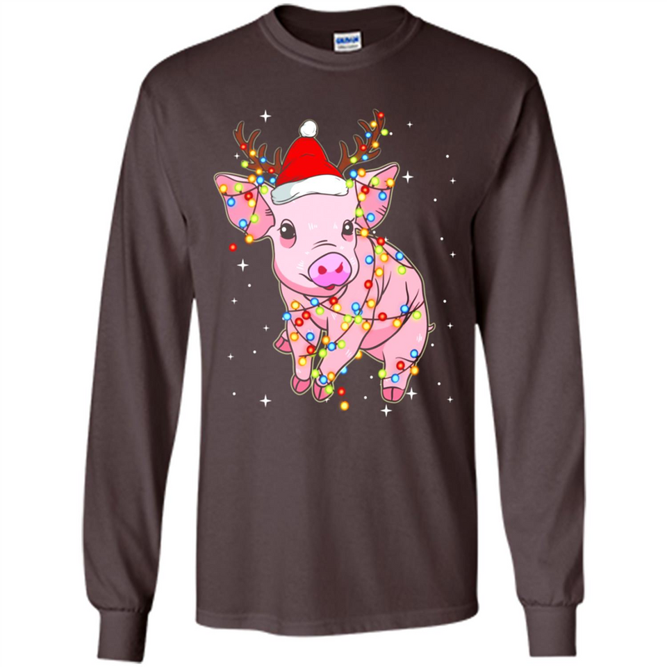 Christmas Lights Pig Wearing Santa Hat Funny Xmas - Long Sleeve T-Shirt