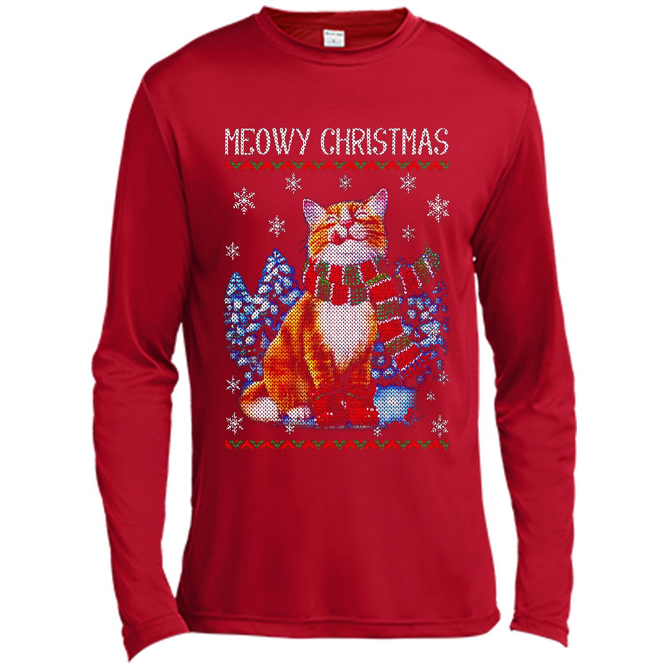 Christmas Ugly Sweater Cat With Christmas Meowy Chritstmas - Canvas Long Sleeve T-Shirt