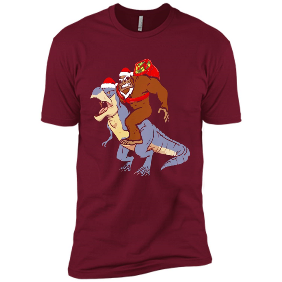 Bigfoot Riding Dinosaurus T-Shirt Funny Bigfoot Santa - Premium Short Sleeve T-Shirt