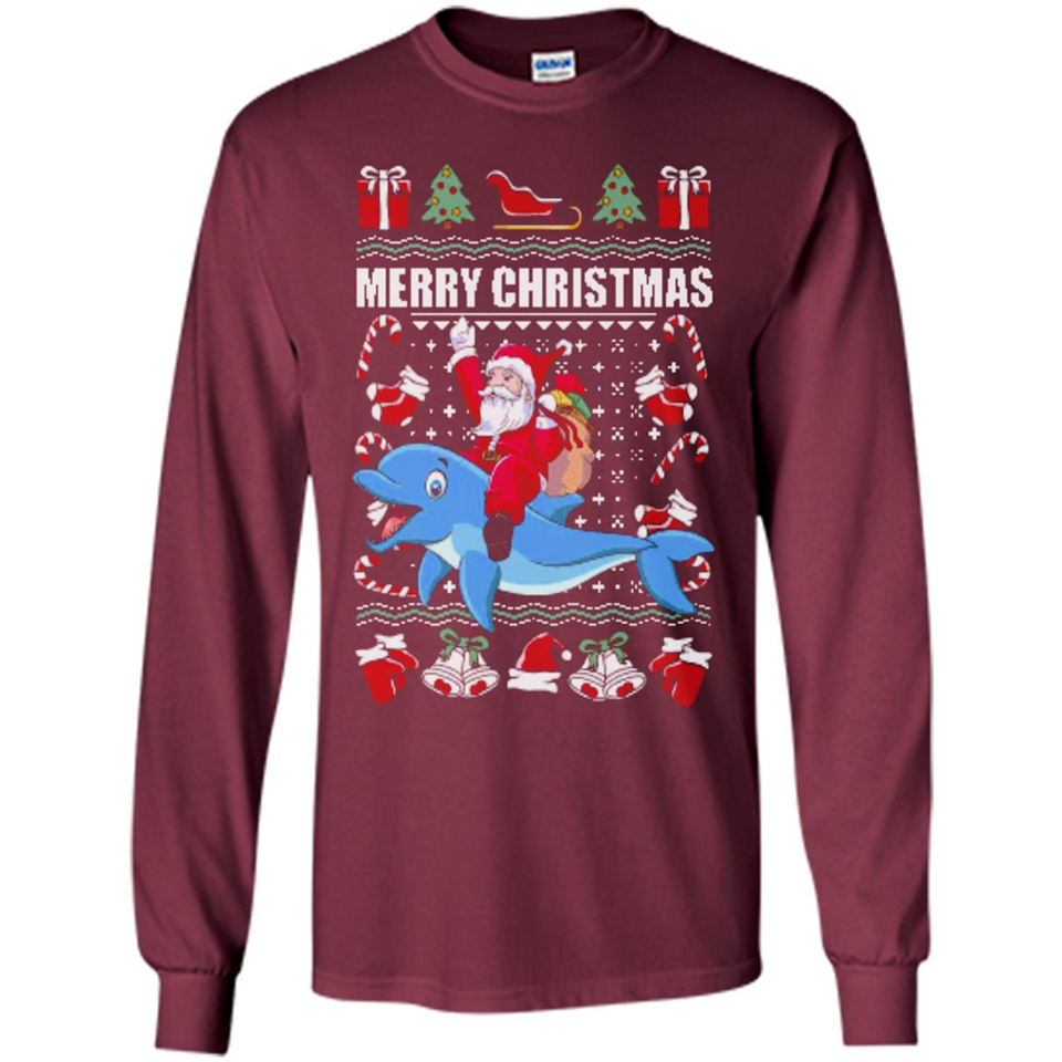 Ugly Christmas Santa Riding Dolphin - Long Sleeve T-Shirt