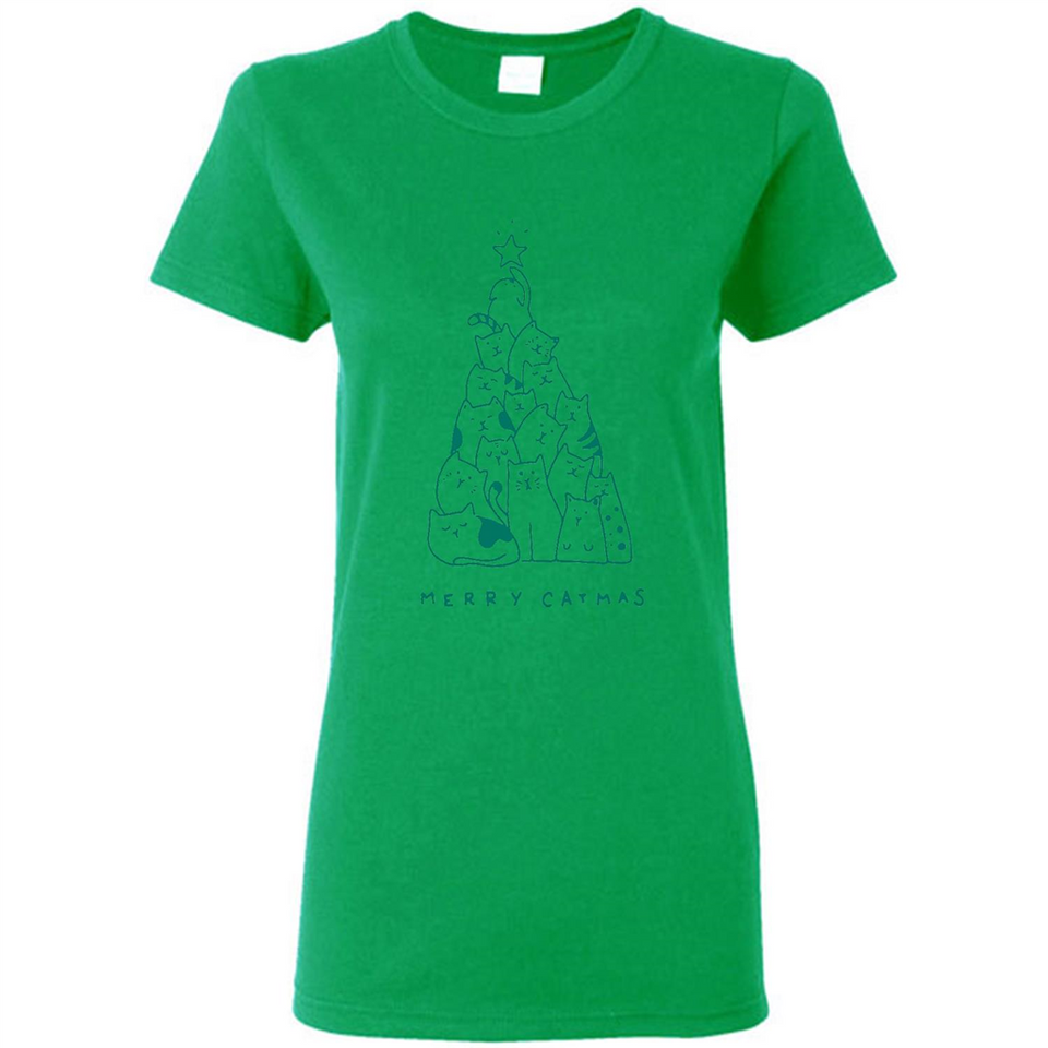 Merry Catmas Funny Cat Christmas Tree Sweatshirt - Ladies Short-Sleeve