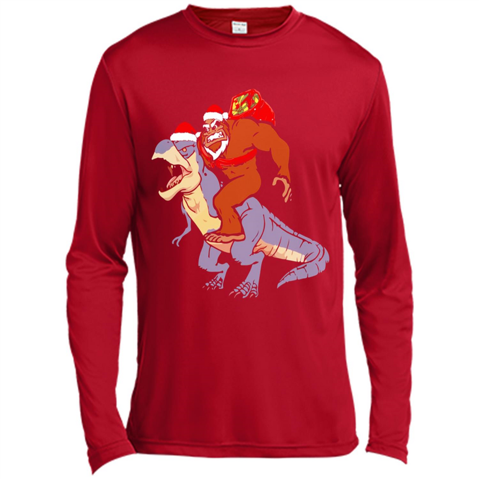 Bigfoot Riding Dinosaurus T-Shirt Funny Bigfoot Santa - Canvas Long Sleeve T-Shirt