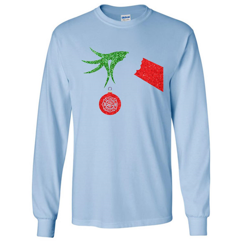 Funny Grinch Hand holding Firefighter ornament Christmas Sporty T-Shirt - Long Sleeve T-Shirt