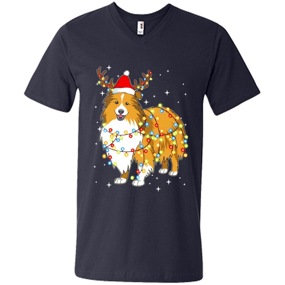 Christmas Lights Shetland Sheepdog Wearing Santa Hat Funny Xmas - Men's V-Neck
