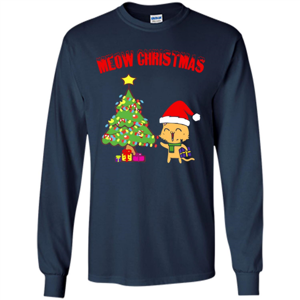 Meow merry christmas- cat and pine merry christmas - Long Sleeve T-Shirt