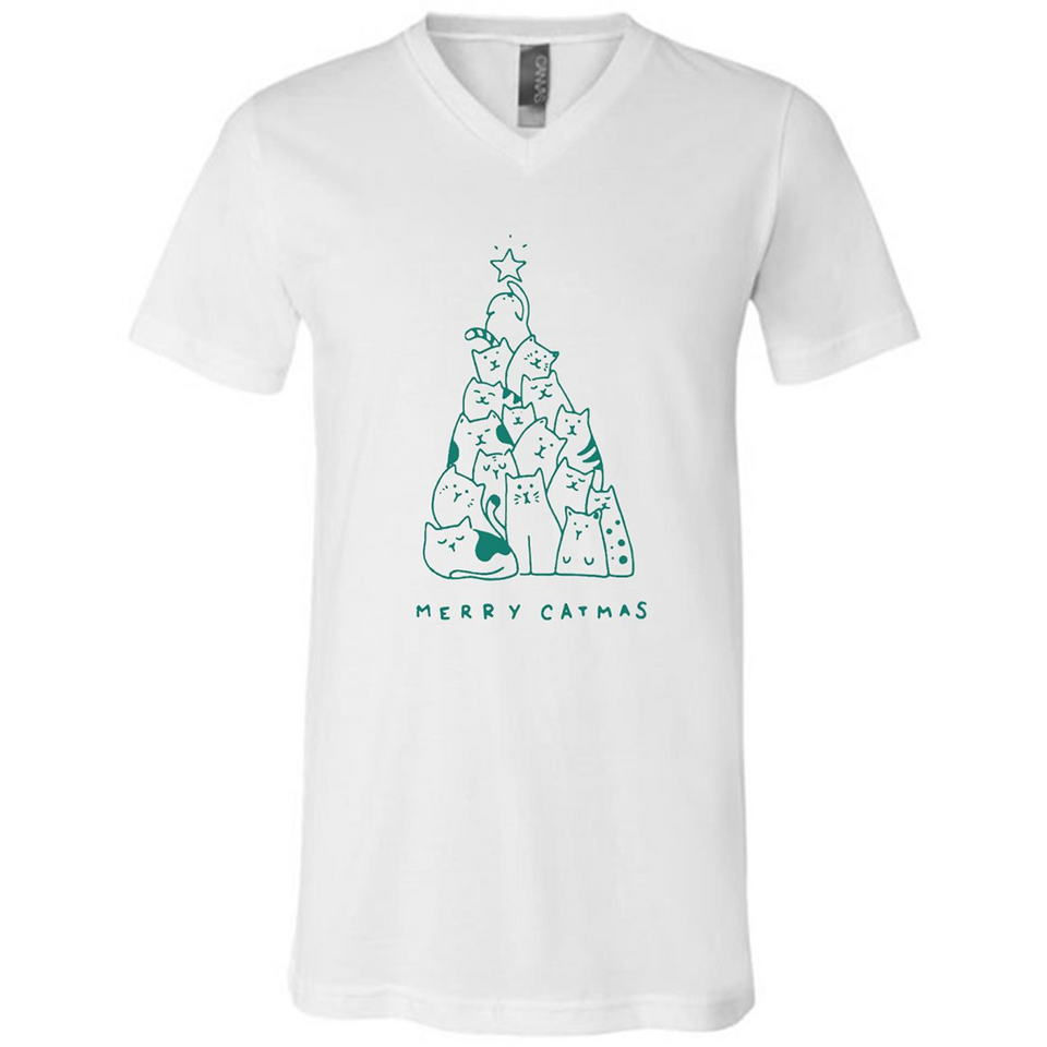 Merry Catmas Funny Cat Christmas Tree Sweatshirt - Canvas Unisex V-Neck