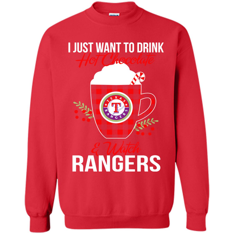 I Just Want To Drink Hot Chocolate & Watch Texas Rangers Ugly Christmas Sweater PINGPONG