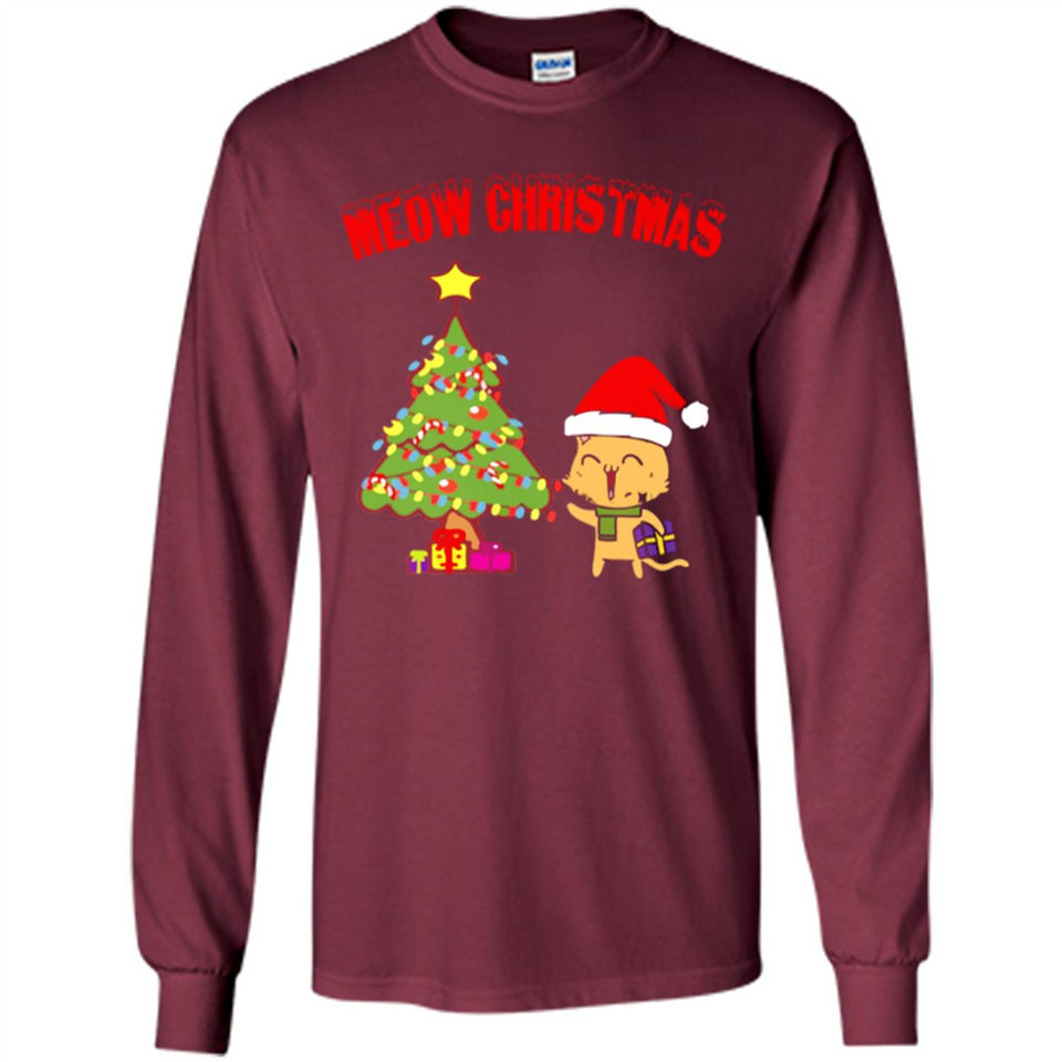 Meow merry christmas- cat and pine merry christmas - Long Sleeve T-Shirt