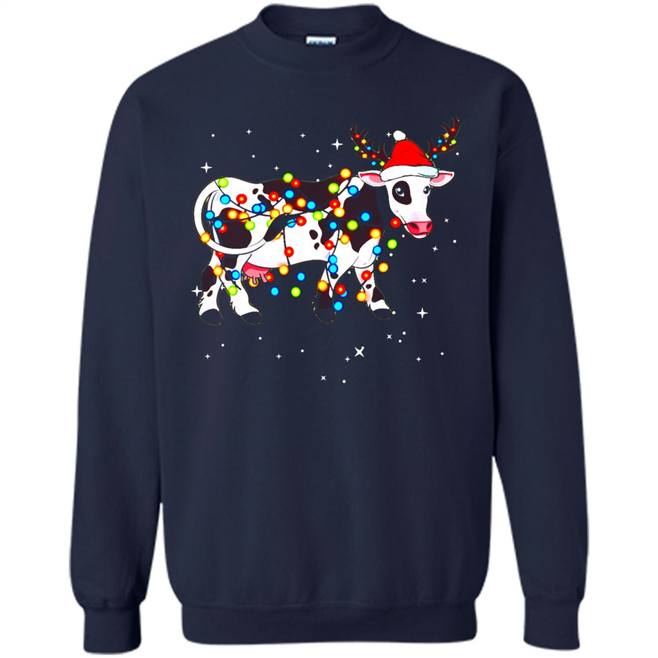 Christmas Lights Cow Wearing Santa Hat Funny Xmas Sweatshirt - Sweatshirt