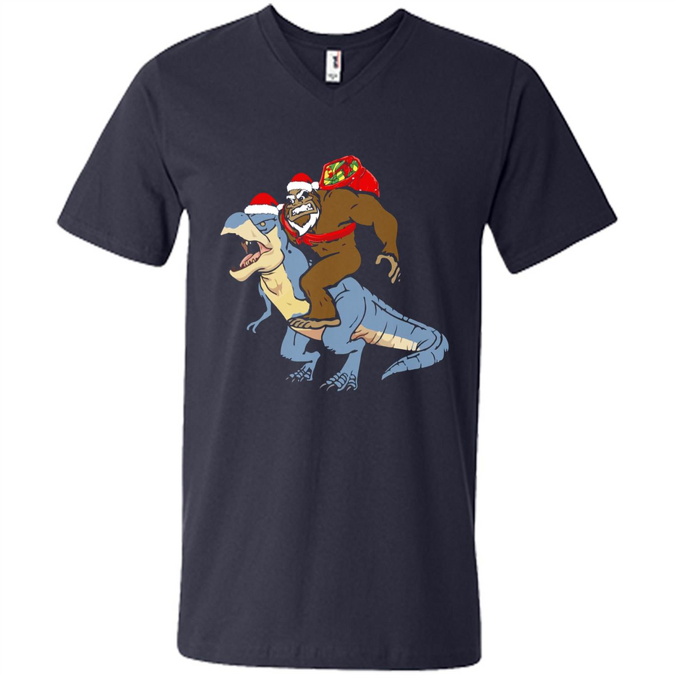 Bigfoot Riding Dinosaurus T-Shirt Funny Bigfoot Santa - Men's V-Neck