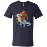 Bigfoot Riding Dinosaurus T-Shirt Funny Bigfoot Santa - Men's V-Neck