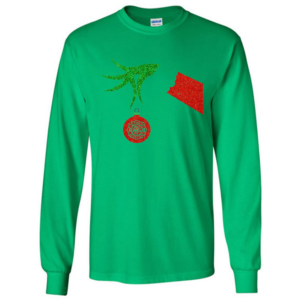 Funny Grinch Hand holding Firefighter ornament Christmas Sporty T-Shirt - Long Sleeve T-Shirt