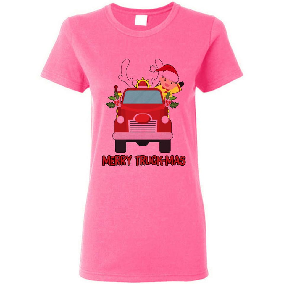 Merry Truck-Mas Christmas Fire Truck Cute Reindeer Sporty - Ladies Short-Sleeve