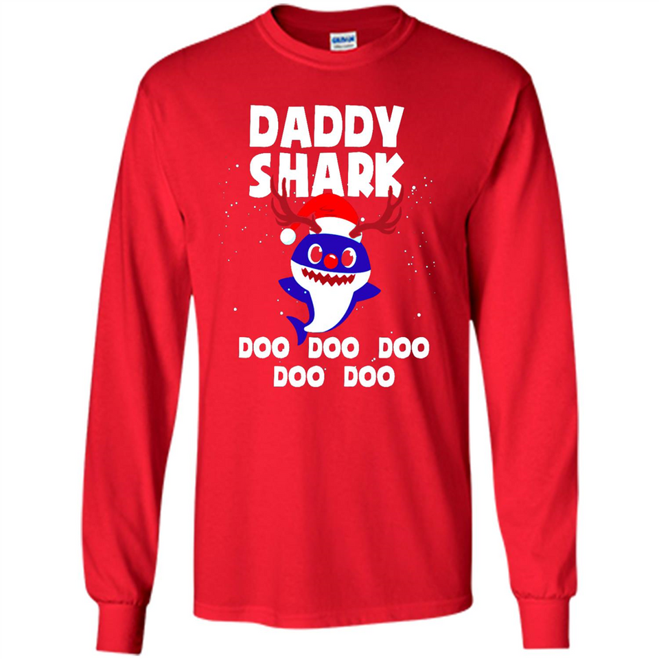 Daddy Shark Costume Reindeer Funny Christmas T-Shirt - Long Sleeve T-Shirt