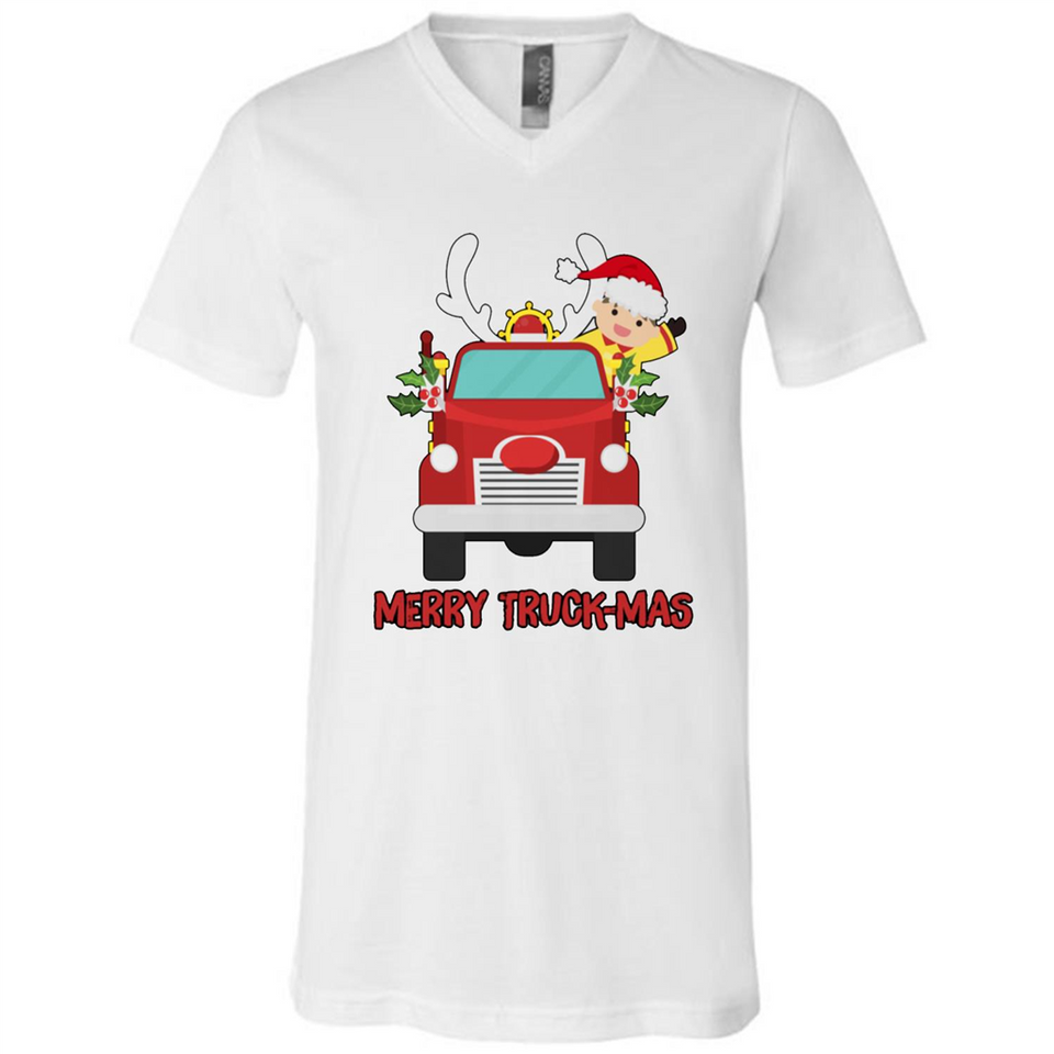 Merry Truck-Mas Christmas Fire Truck Cute Reindeer Sporty - Canvas Unisex V-Neck