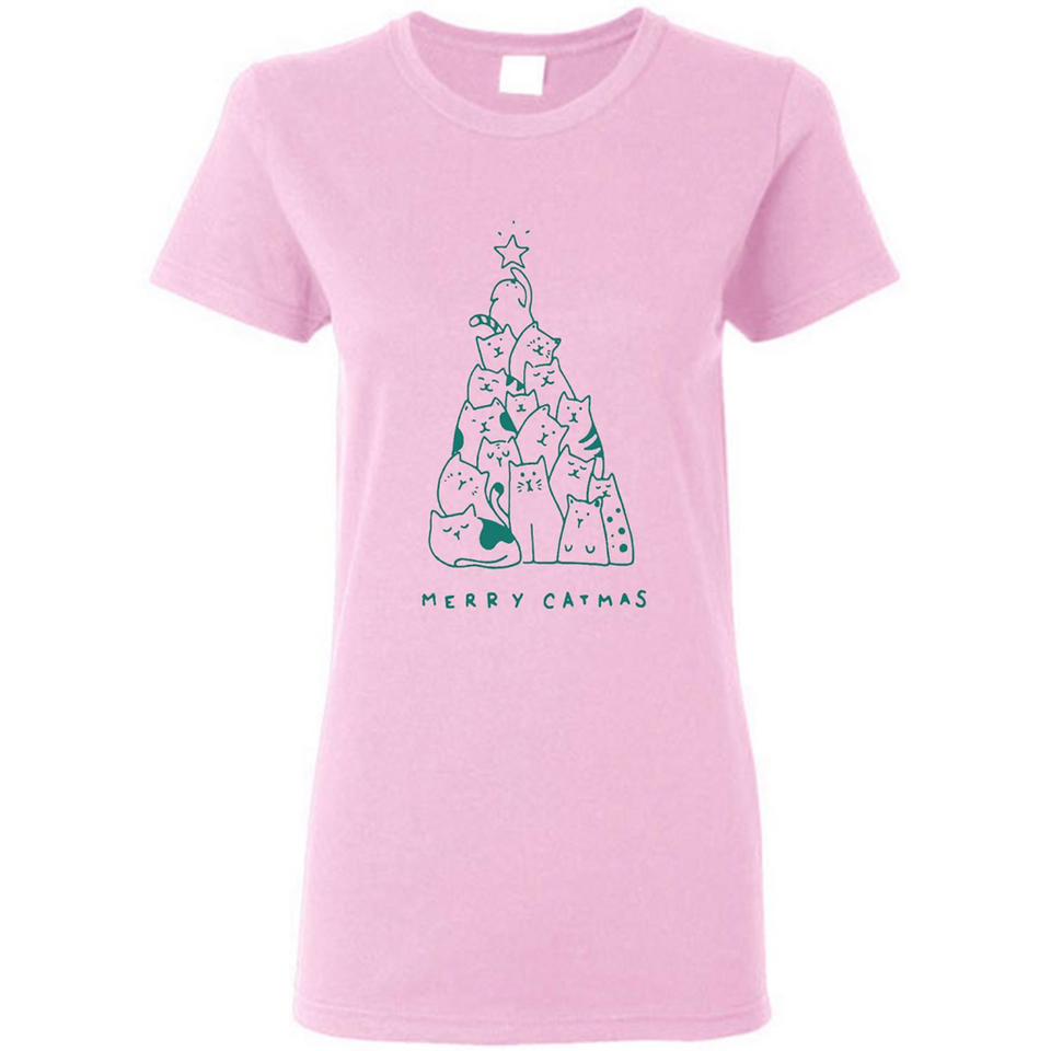Merry Catmas Funny Cat Christmas Tree Sweatshirt - Ladies Short-Sleeve