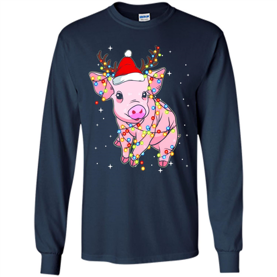Christmas Lights Pig Wearing Santa Hat Funny Xmas - Long Sleeve T-Shirt