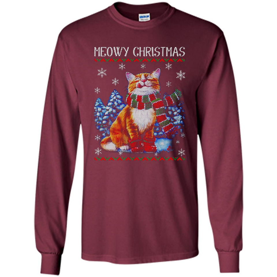 Christmas Ugly Sweater Cat With Christmas Meowy Chritstmas - Long Sleeve T-Shirt