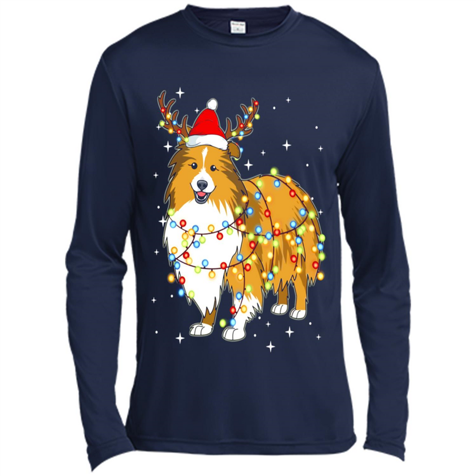Christmas Lights Shetland Sheepdog Wearing Santa Hat Funny Xmas - Canvas Long Sleeve T-Shirt