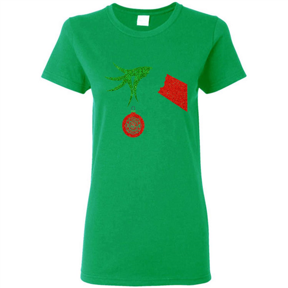Funny Grinch Hand holding Firefighter ornament Christmas Sporty T-Shirt - Ladies Short-Sleeve