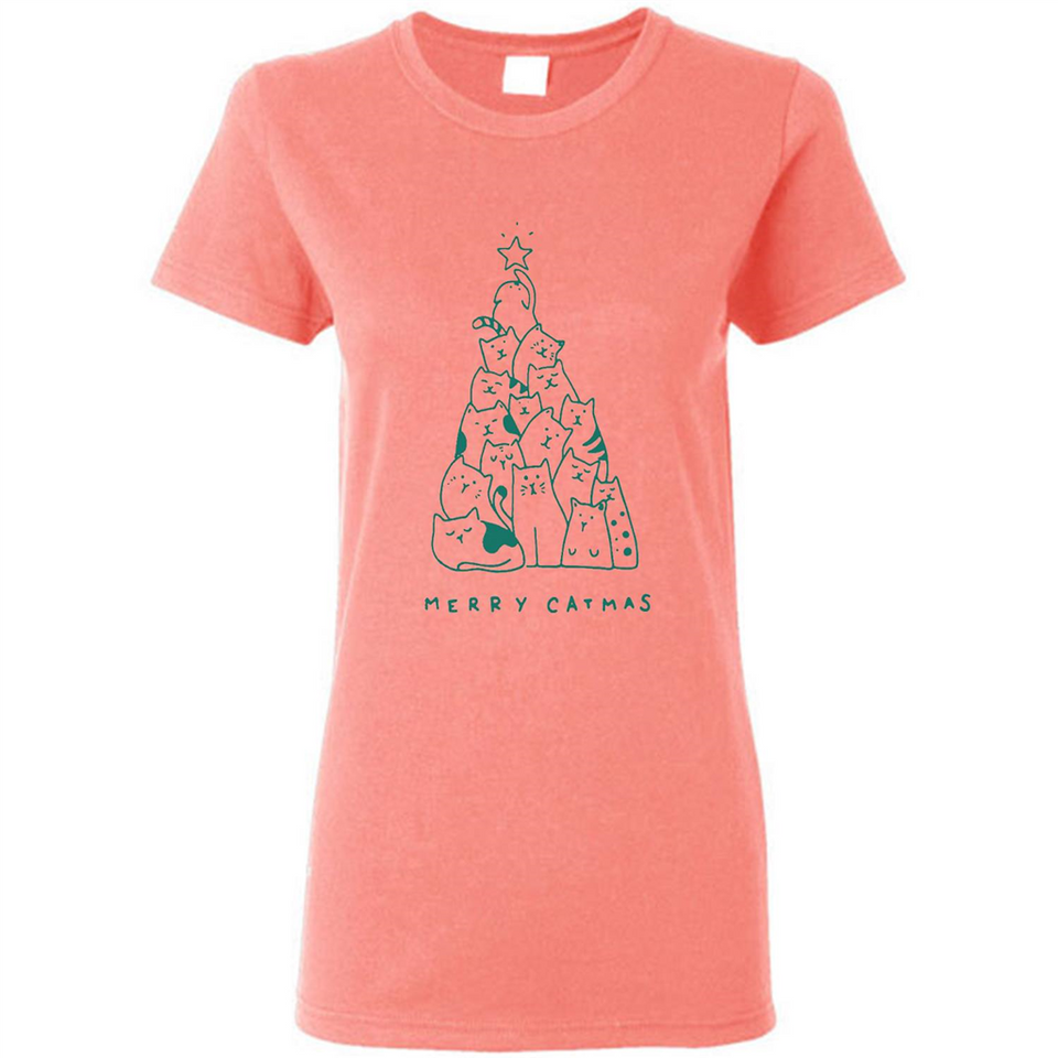 Merry Catmas Funny Cat Christmas Tree Sweatshirt - Ladies Short-Sleeve