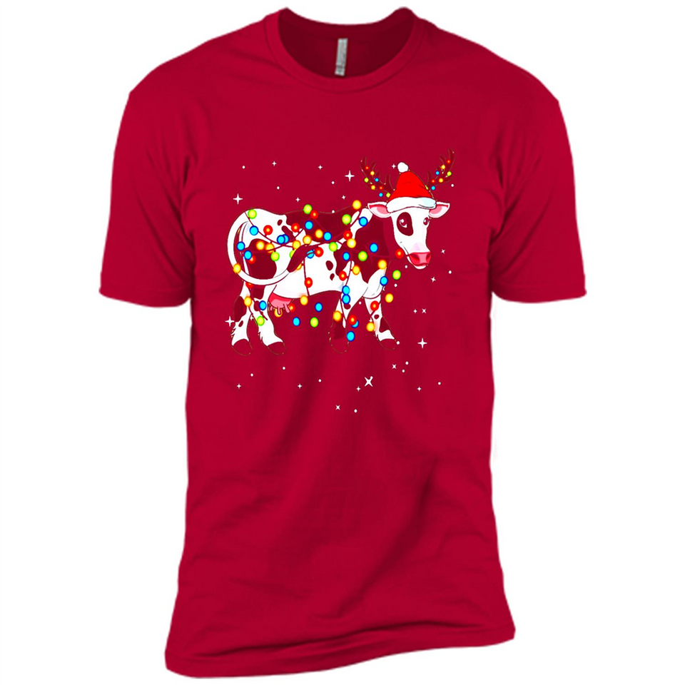 Christmas Lights Cow Wearing Santa Hat Funny Xmas Sweatshirt - Premium Short Sleeve T-Shirt