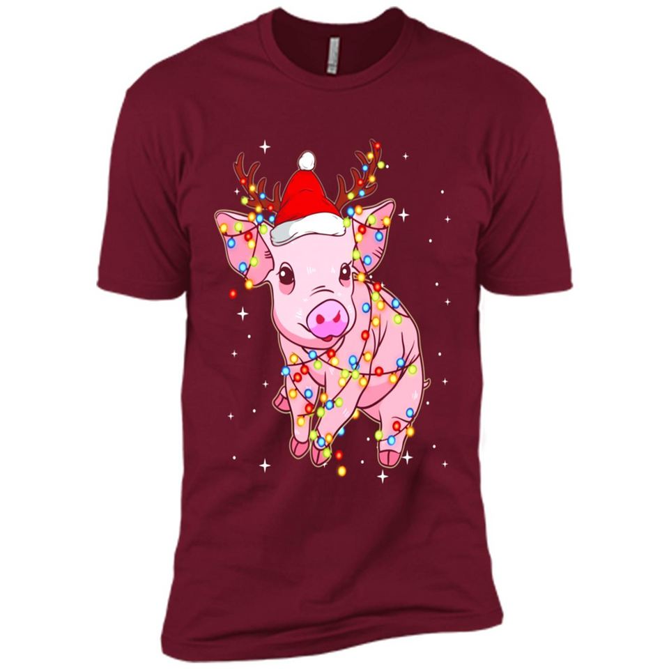 Christmas Lights Pig Wearing Santa Hat Funny Xmas - Premium Short Sleeve T-Shirt