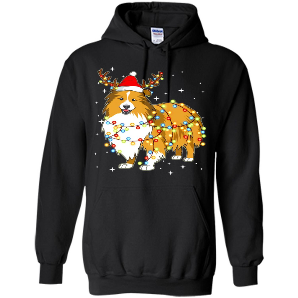 Christmas Lights Shetland Sheepdog Wearing Santa Hat Funny Xmas - Hoodie
