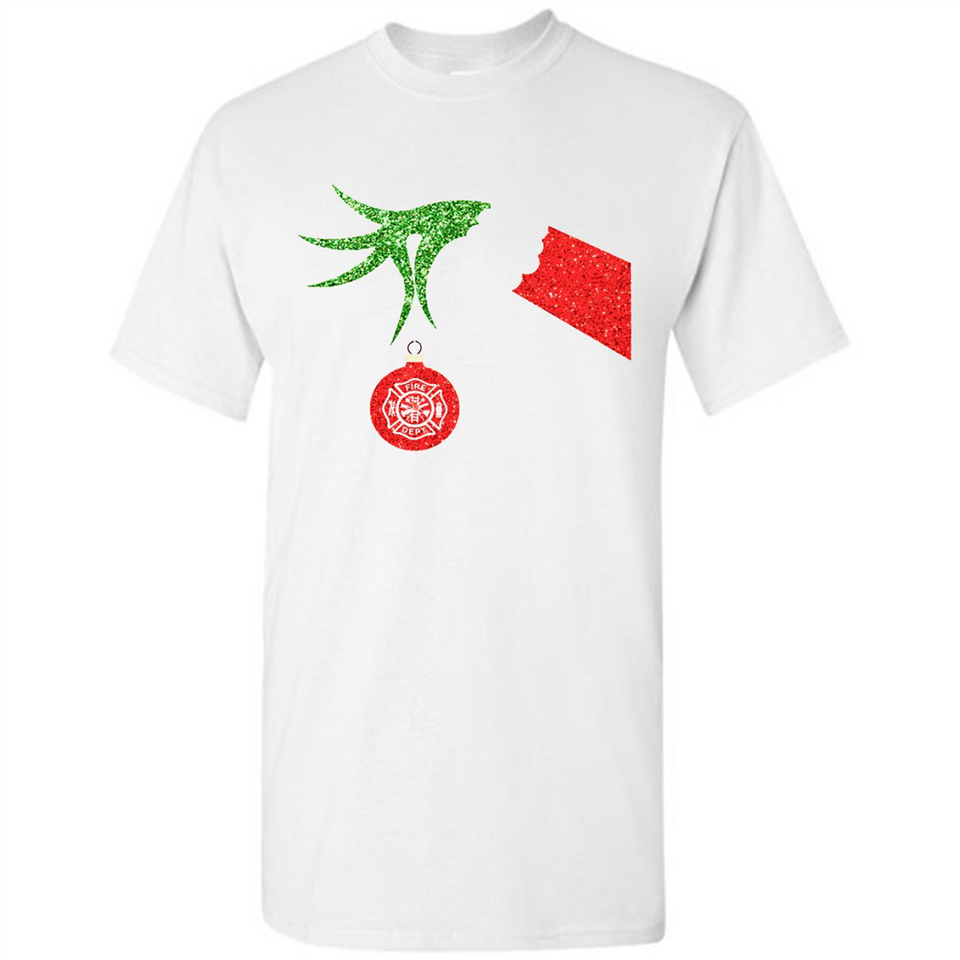 Funny Grinch Hand holding Firefighter ornament Christmas Sporty T-Shirt - Shirt