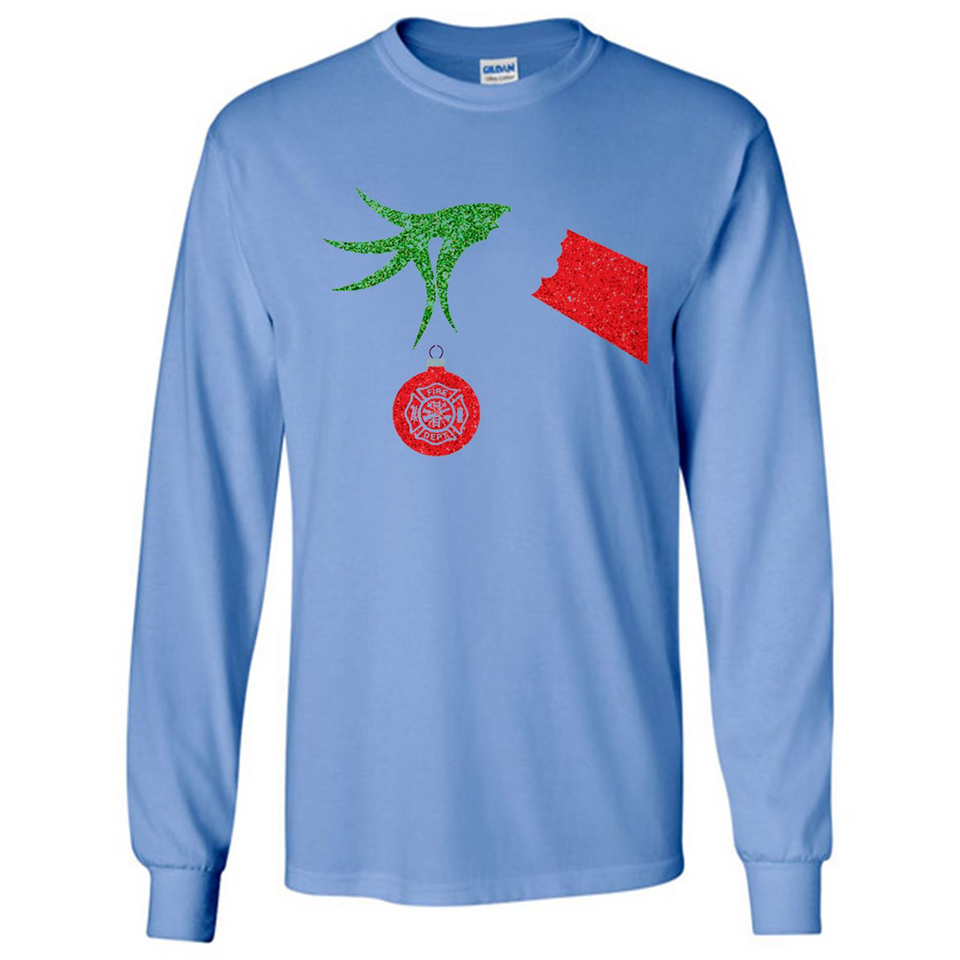 Funny Grinch Hand holding Firefighter ornament Christmas Sporty T-Shirt - Long Sleeve T-Shirt