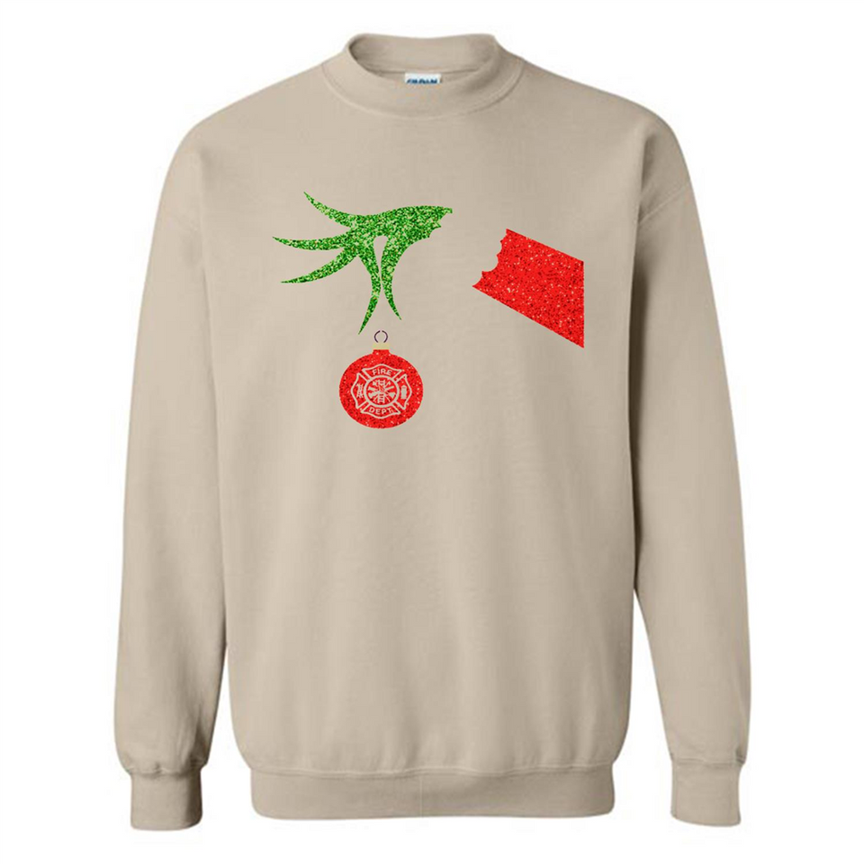 Funny Grinch Hand holding Firefighter ornament Christmas Sporty T-Shirt - Sweatshirt