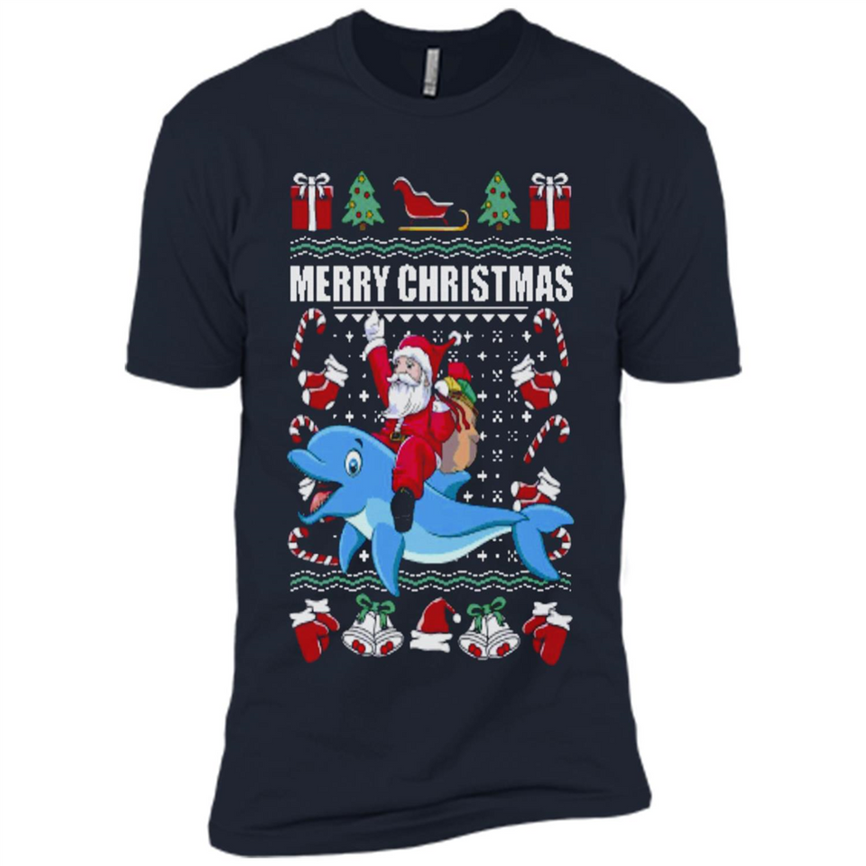 Ugly Christmas Santa Riding Dolphin - Premium Short Sleeve T-Shirt