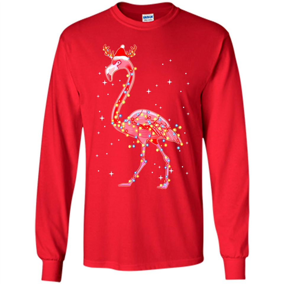 Christmas Lights Flamingo Wearing Santa Hat Funny Xmas - Long Sleeve T-Shirt