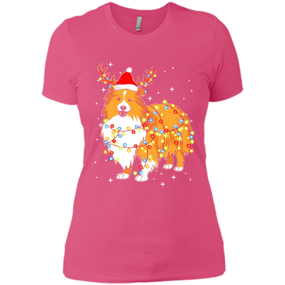 Christmas Lights Shetland Sheepdog Wearing Santa Hat Funny Xmas - Ladies' Boyfriend T-Shirt