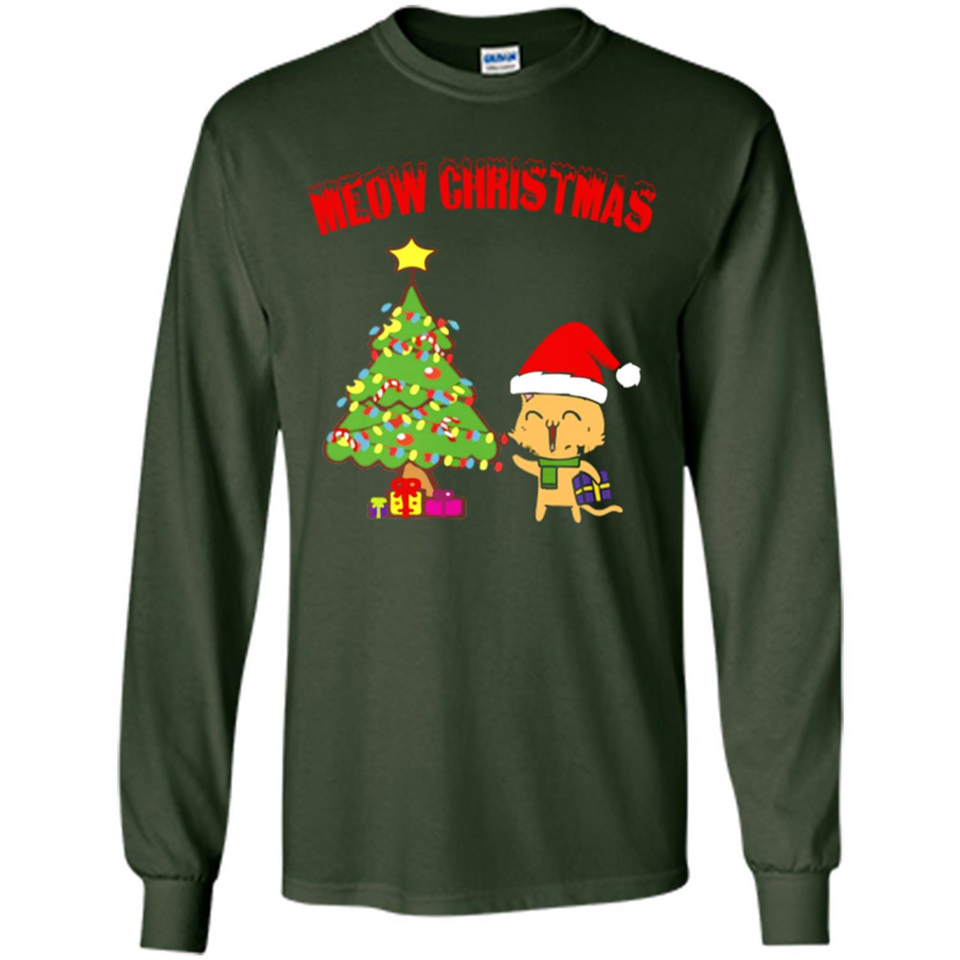 Meow merry christmas- cat and pine merry christmas - Long Sleeve T-Shirt