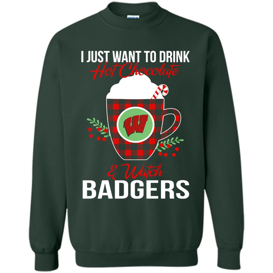 I Just Want To Drink Hot Chocolate & Watch Wisconsin Badgers Ugly Christmas Sweater PINGPONG